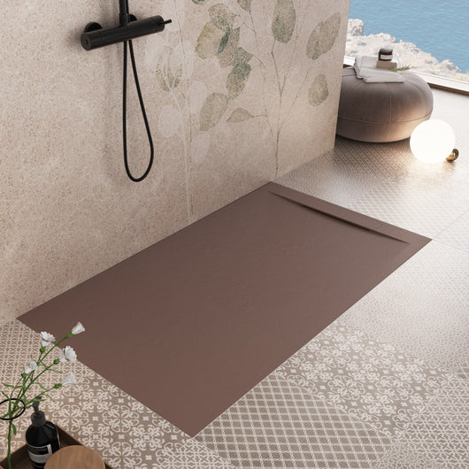 Piatto doccia in marmoresina marrone effetto pietra cemento vincent, misura 90x150