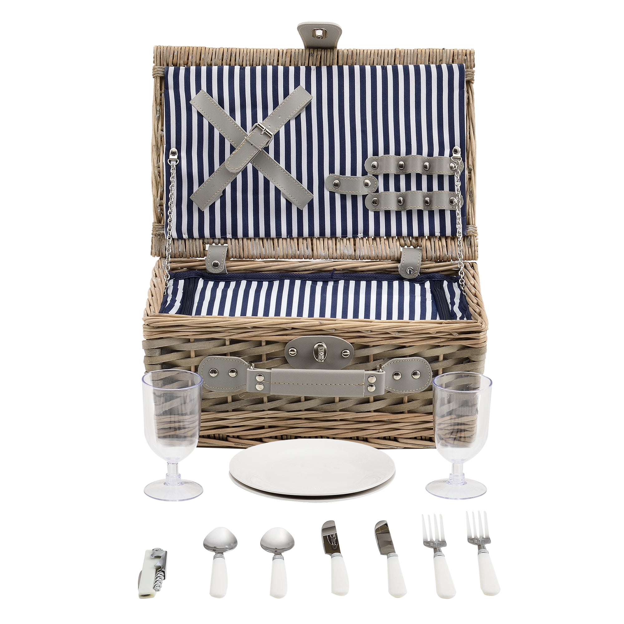 Cestino da Picnic per 2 Persone Valigia Picnic in Rami di Salice Vintage - Interno Blu-Bianco casa.pro