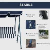 Dondolo da Giardino 3 Posti con Tetto Parasole, in Acciaio e Poliestere, 172x110x153 cm, Bianco e Blu