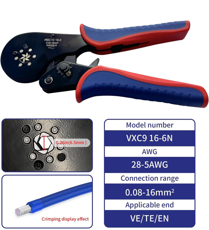 Pinza Crimpatrice Capicorda esagonale 0.08-16mm2 30-6AWG Pinza a Cricchetto