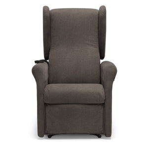 Poltrona relax elettrica PISA MADE IN ITALY per anziani e disabili, 2 motori, 4 ruote, Kit Batteria, reclinazione e alzapersona, Tessuto Antimacchia, colore Fango