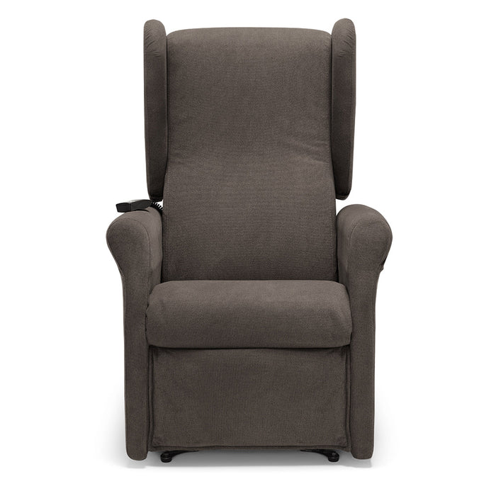 Poltrona relax elettrica PISA MADE IN ITALY per anziani e disabili, 2 motori, 4 ruote, Kit Batteria, reclinazione e alzapersona, Tessuto Antimacchia, colore Fango