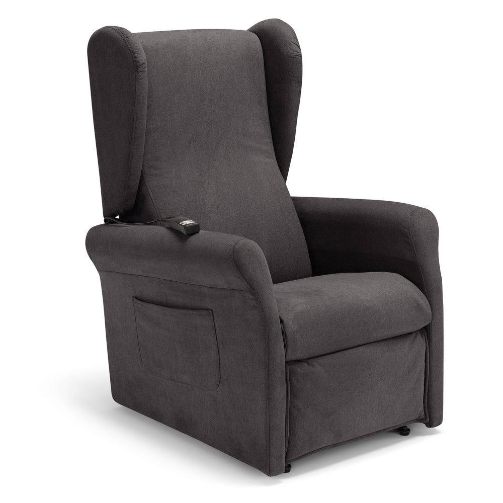 Poltrona relax elettrica PISA MADE IN ITALY per anziani e disabili, 2 motori, 4 ruote, reclinazione e alzapersona, Tessuto Antimacchia, colore Grigio