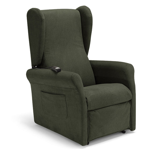Poltrona relax elettrica PISA MADE IN ITALY per anziani e disabili, 2 motori, 4 ruote, Kit Batteria, reclinazione e alzapersona, Tessuto Antimacchia, colore Verde Foresta