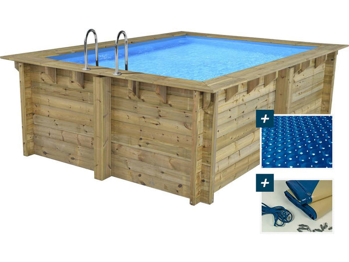 Piscina rettangolare in legno "Caimans 140" - 4,10 x 3,00 x 1,39 m + copertura a bolle da 180 µm - copertura invernale da 280 g/m²