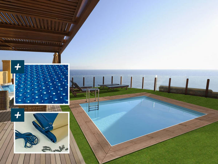 Piscina rettangolare in legno "Caimans 140" - 4,10 x 3,00 x 1,39 m + copertura a bolle da 180 µm - copertura invernale da 280 g/m²