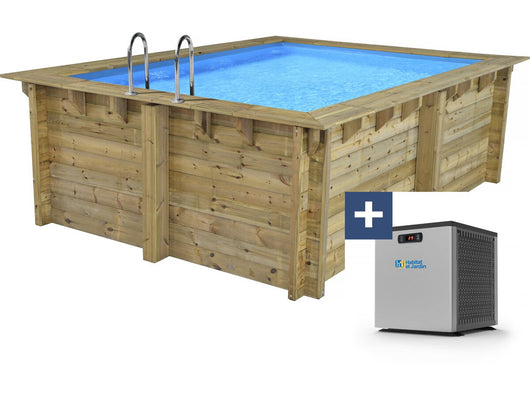 Piscina rettangolare in legno "Caimans 140" - 4,10 x 3,00 x 1,39 m + Mini pompa di calore 3,5 kW - Metallo - Grigio