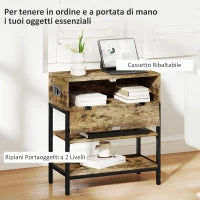 Tavolino da Divano con Cassetto e 2 Ripiani Stile Industriale, in Legno e Metallo, 60x30x66.5 cm, Nero e Marrone