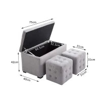 Panca Portaoggetti Set di 3 Pezzi con 2 Sgabelli Pouf in Velluto, Grigio Perla