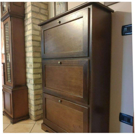 Scarpiera 3 porte capacità 21 paio di scarpe arte povera in legno massello e mdf con rifinitura in noce 79X30x130 H