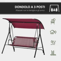 Dondolo da Giardino 3 Posti in Acciaio con Tetto Parasole in Poliestere, 172x110x153 cm, Rosso e Nero