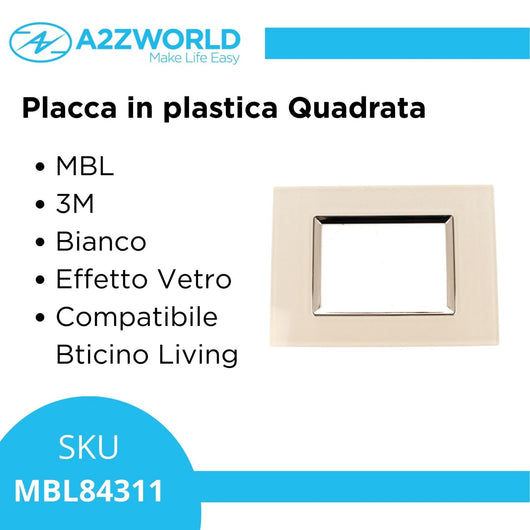 Placca Quadrata In Vetro Temperato MBL 3M Bianco Compatibile Bticino Living BLN84301