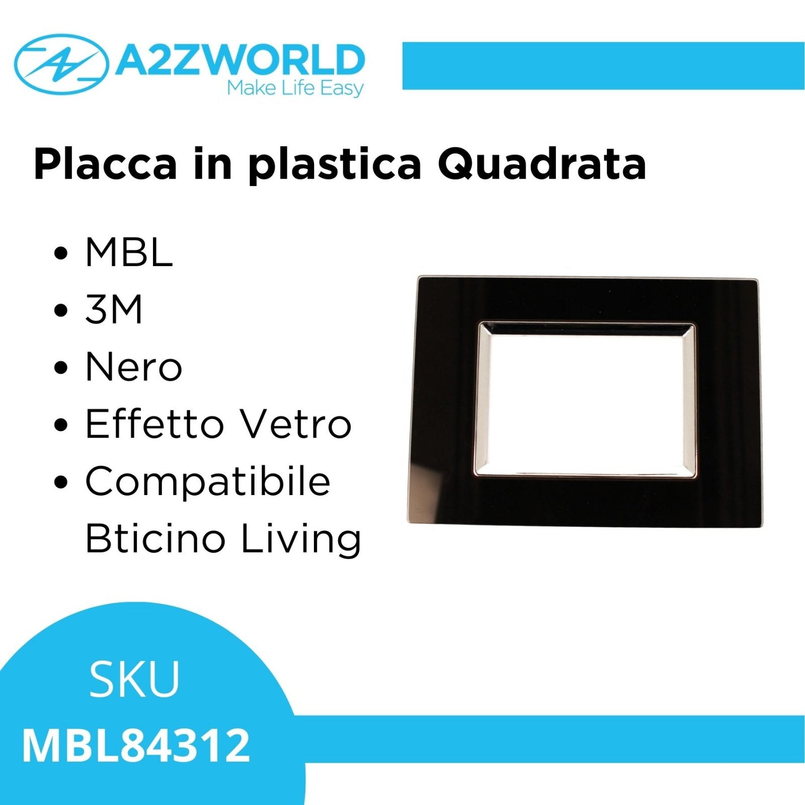 Placca Quadrata In Vetro Temperato MBL 3M Nero Compatibile Bticino Living BLN84302