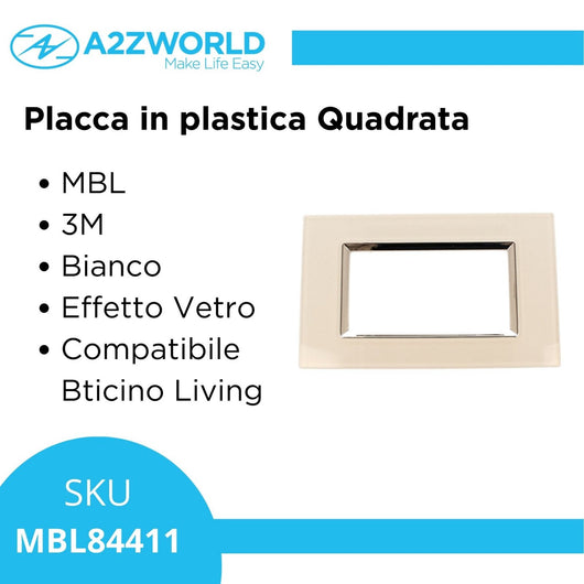 Placca Quadrata In Vetro Temperato MBL 4M Bianco Compatibile Bticino Living BLN84401