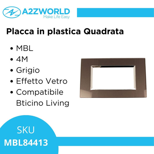 Placca Quadrata In Vetro Temperato MBL 4M Grigio Compatibile Bticino Living BLN84410