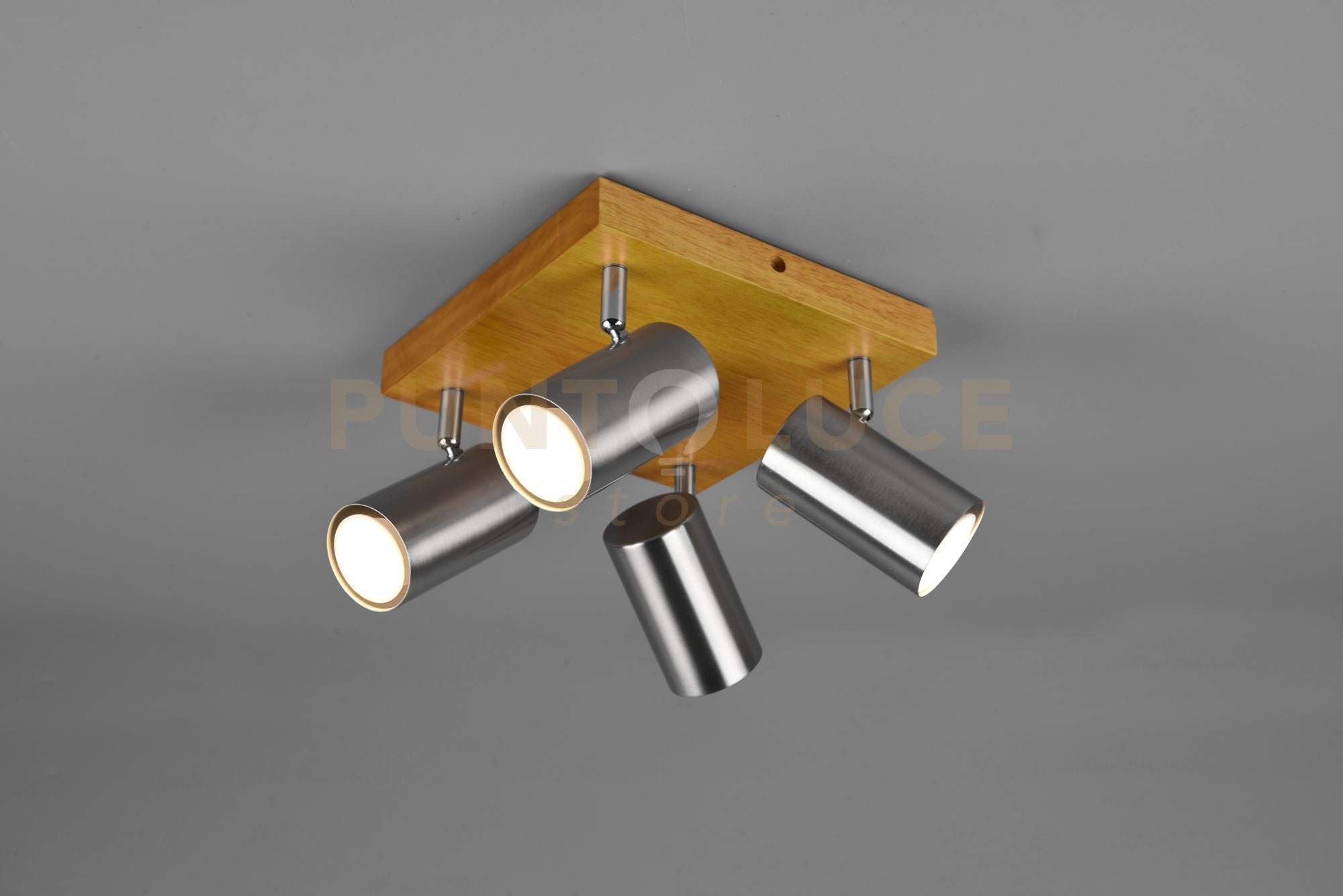 MARLEY PLAFONIERA 4 SPOTS CILINDRI  ACCIAIO BASE LEGNO NATURALE L. 22CM ATTACCO GU10