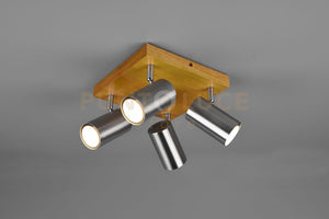 MARLEY PLAFONIERA 4 SPOTS CILINDRI  ACCIAIO BASE LEGNO NATURALE L. 22CM ATTACCO GU10