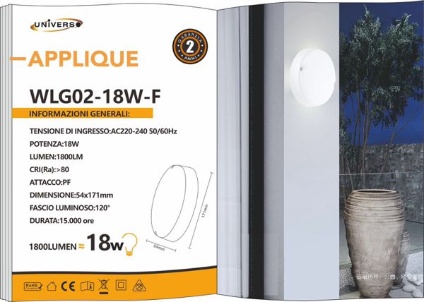 Plafoniera Applique Rotonda da Parete Esterna 18w Luce Fredda 6500k IP65