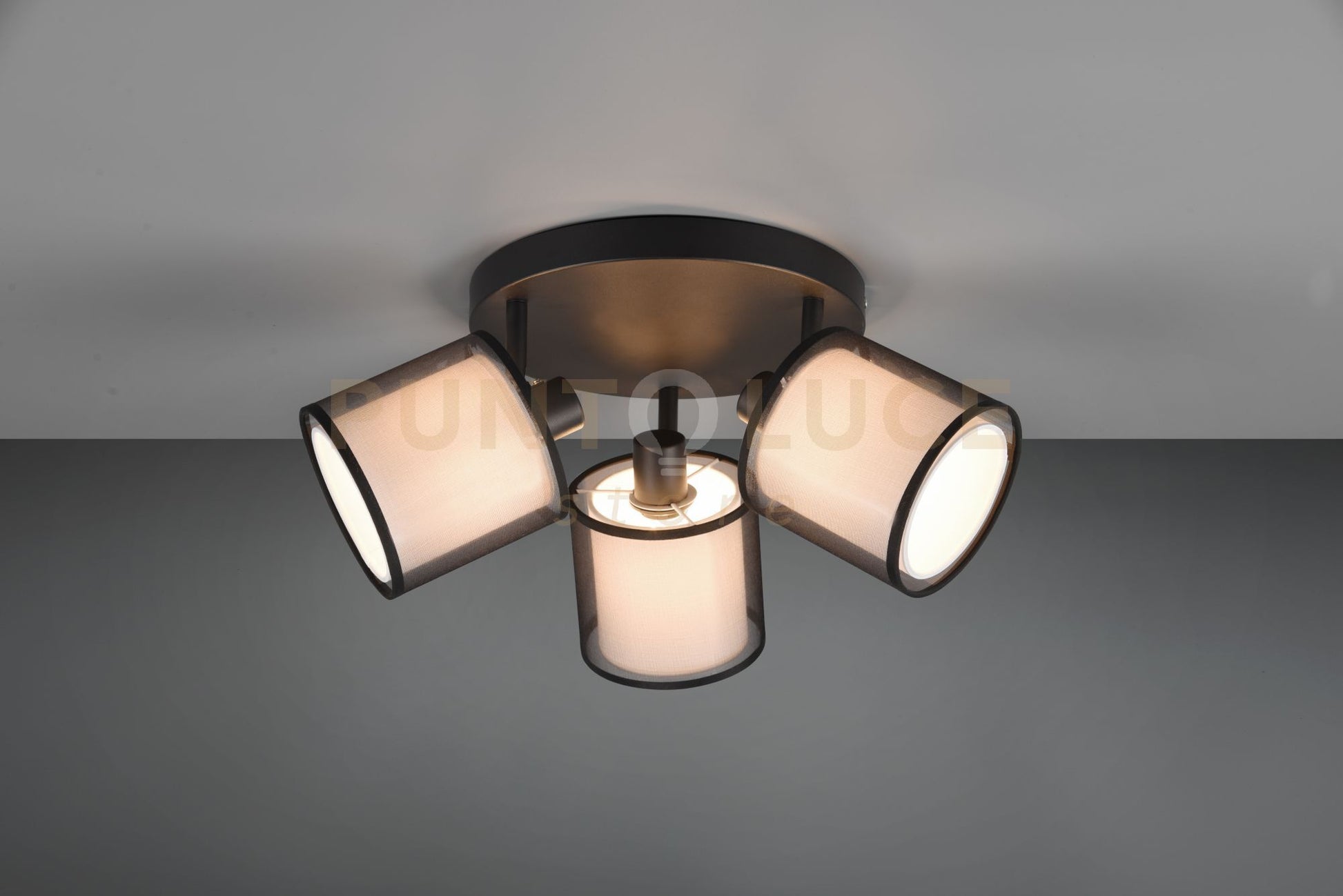 BURTON PLAFONIERA 3 SPOTS ORIENTABILI METALLO NERO PARALUME BIANCO E DIFFUSORE ESTERNO TRAFORATO NERO D. 49CM 3 LUCI ATTACCO E14