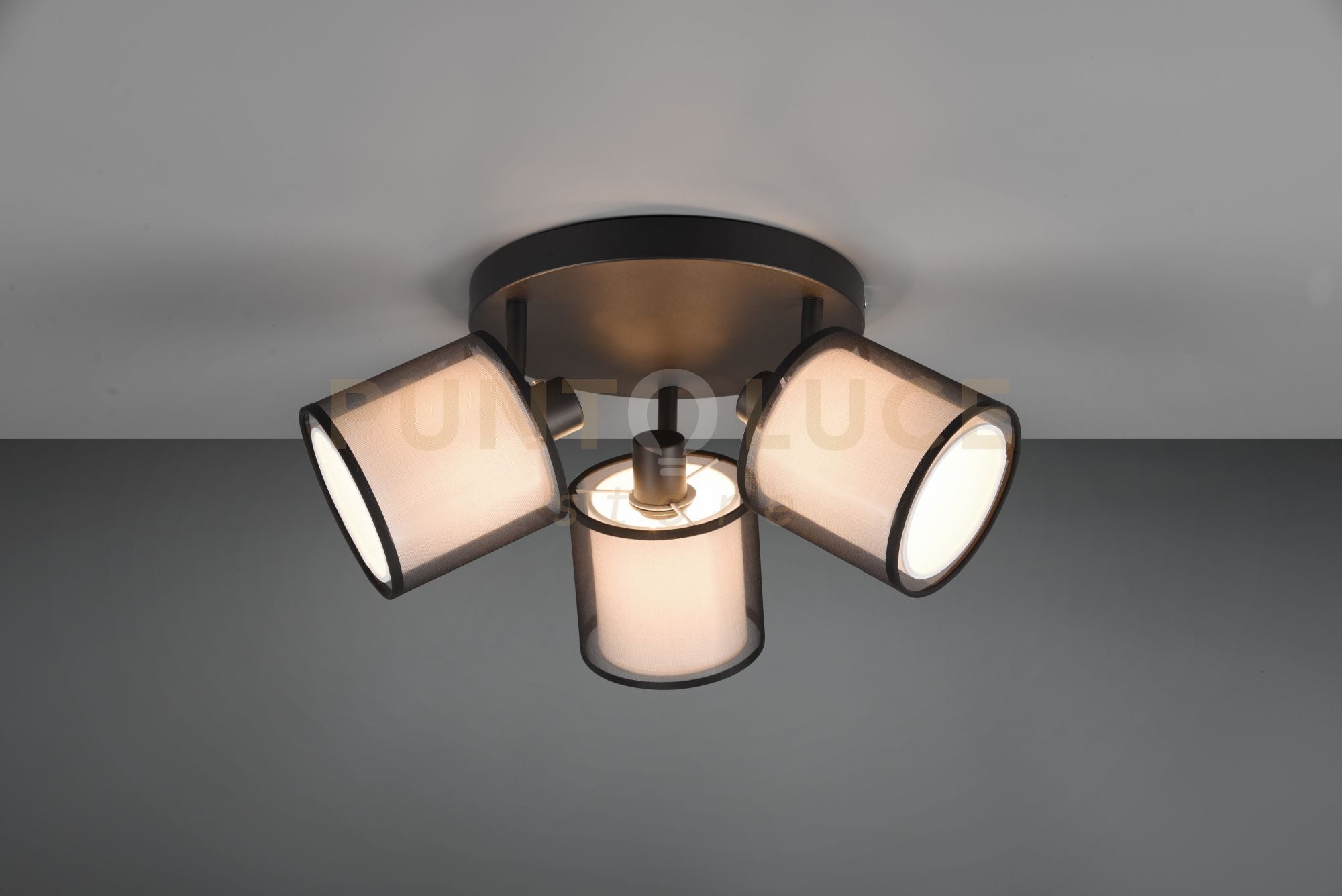 BURTON PLAFONIERA 3 SPOTS ORIENTABILI METALLO NERO PARALUME BIANCO E DIFFUSORE ESTERNO TRAFORATO NERO D. 49CM 3 LUCI ATTACCO E14