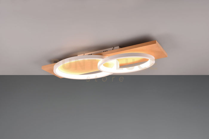 BARCA PLAFONIERA LED 30W 3500lm, 3000K DOPPIA ELLISSE METALLO BIANCO E LEGNO NATURALE CON DIMMERAZIONE AD INTERRUTTORE L. 75CM