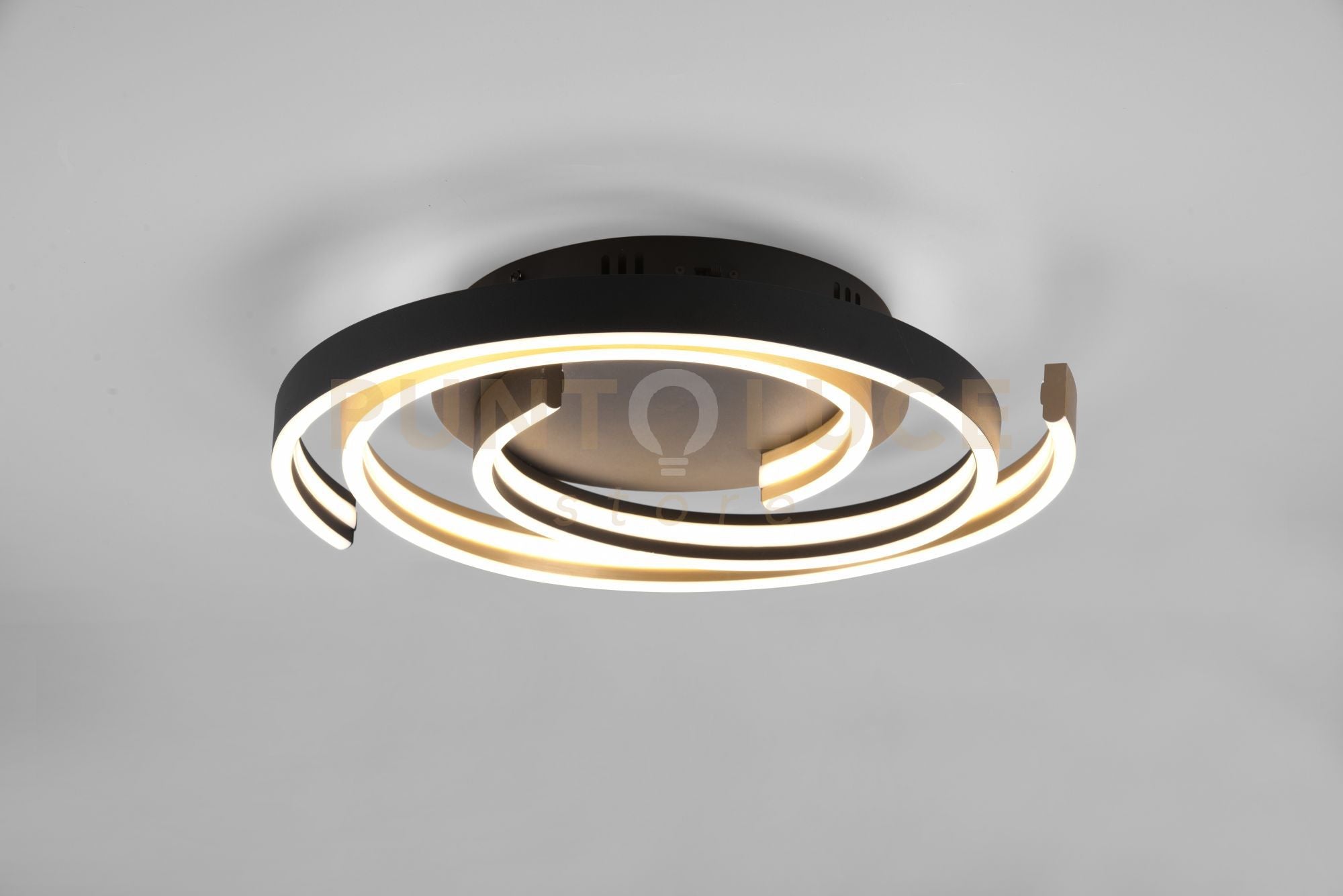 CAYA PLAFONIERA LED 58W 6800lm, 2300+3000+4000K SPIRALE METALLO OTTONE E NERO DIMMERABILE CON INTERRUTTORE D. 50CM