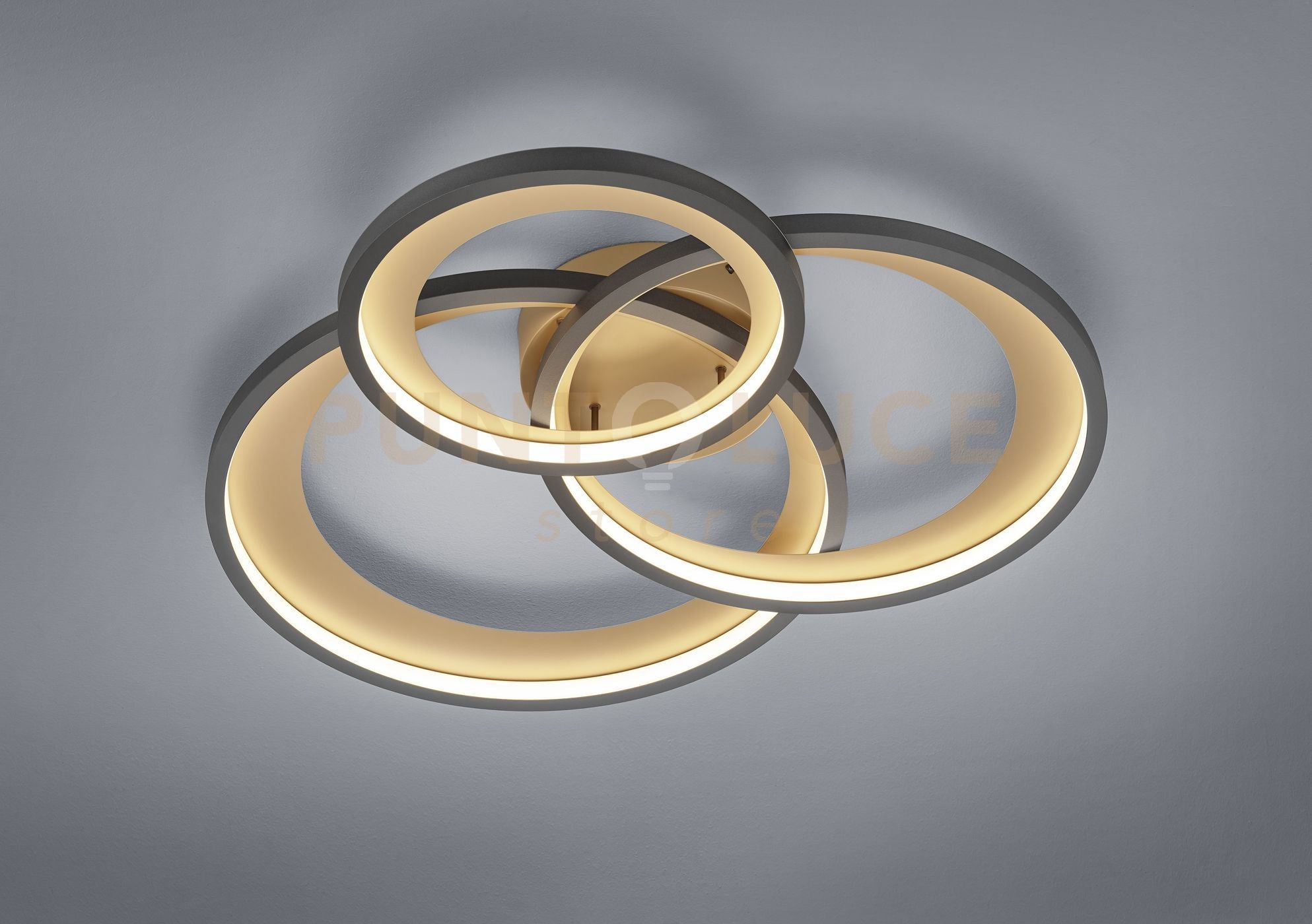 GRANADA PLAFONIERA LED 36W 4300lm, 3000K TRIPLO CERCHIO NERO CON RIFLETTORE ORO DIMMERABILE CON INTERRUTTORE PARETE L. 71,5CM