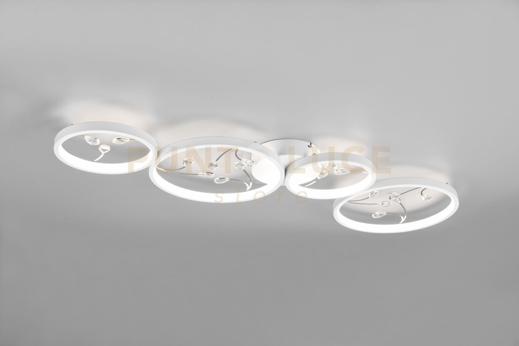 GROOVY PLAFONIERA LED 37W 4800lm, 4000K 4 CERCHI CON DECORI GEMME TRASPARENTI BIANCA CON FUNZIONE DI REGOLAZIONE INTENSITA' CON NORMALE INTERRUTTORE A PARETE L. 95,5CM