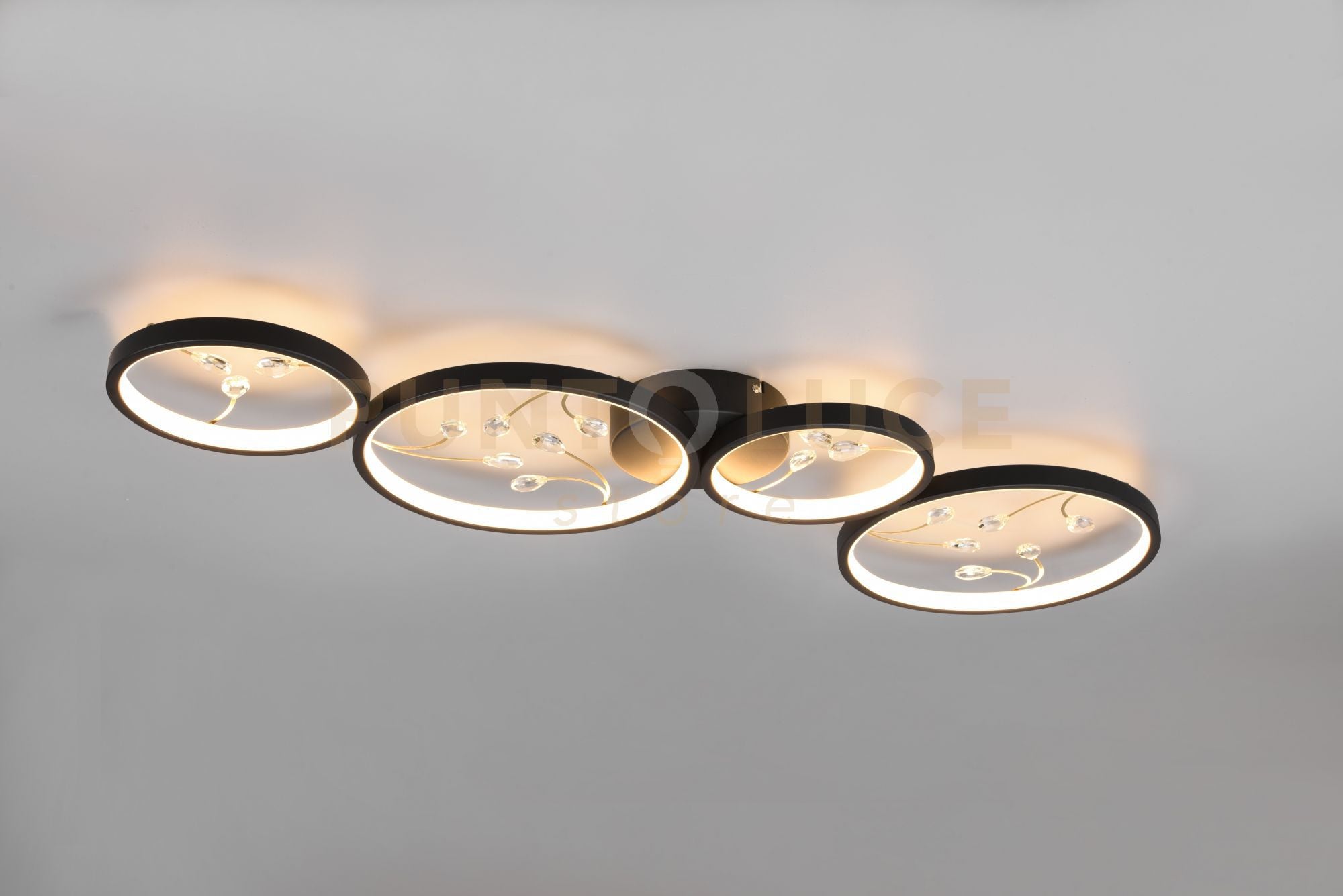 GROOVY PLAFONIERA LED  37W 4600lm, 3000K 4 CERCHI CON DECORI GEMME TRASPARENTI NERA CON FUNZIONE DI REGOLAZIONE INTENSITA' CON NORMALE INTERRUTTORE A PARETE L. 96CM