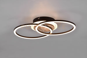 GIRO PLAFONIERA LED 25W 3000lm, 2700 - 6000K DOPPIO CERCHIO METALLO NERO CON BASE ILLUMINATA EFFETTO LEGNO CON TELECOMANDO MULTIFUNZIONE L. 46,5CM DIMMERABILE