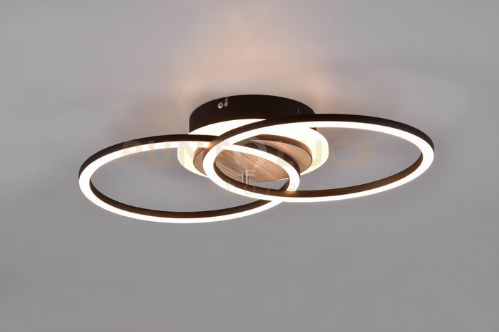 GIRO PLAFONIERA LED 25W 3000lm, 2700 - 6000K DOPPIO CERCHIO METALLO NERO CON BASE ILLUMINATA EFFETTO LEGNO CON TELECOMANDO MULTIFUNZIONE L. 46,5CM DIMMERABILE