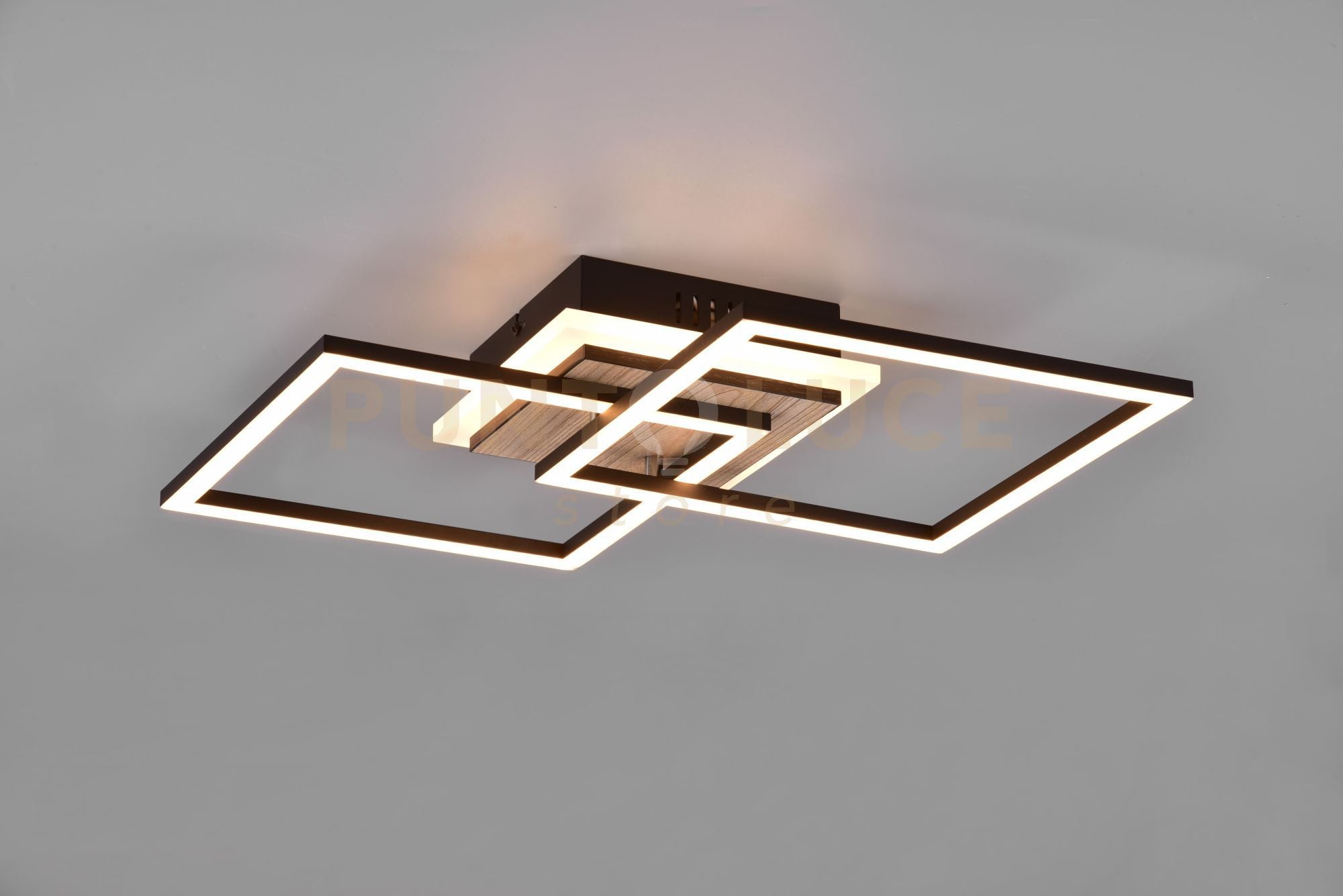 GIRO PLAFONIERA LED DOPPIO QUADRATO METALLO NERO CON BASE ILLUMINATA EFFETTO LEGNO CON TELECOMANDO MULTIFUNZIONE L. 57,5CM DIMMERABILE