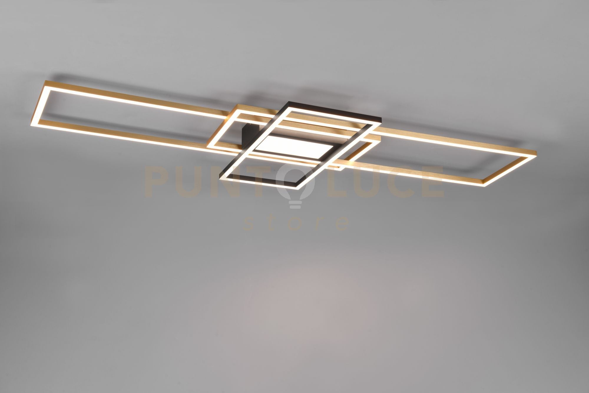 IRVINE PLAFONIERA LED 60W 7100lm, 3000 - 6500K 3 RETTANGOLI OTTONE E NERO CON LUCE CENTRALE CON TELECOMANDO MULTIFUNZIONE REGOLAZIONE INTENSITA' E TEMPERATURA DI COLORE DELLA LUCE L.105CM