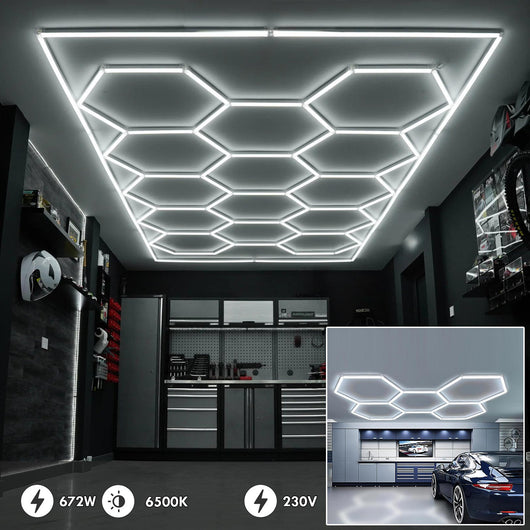 Plafoniera LED 672W luci esagonali lampada moderna componibile nido ape luce garage palestra 73000lm 230V 480cm x 240cm 6500K