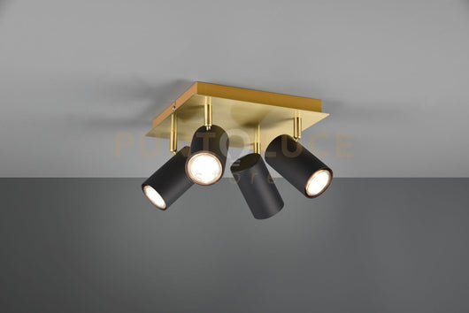 MARLEY PLAFONIERA QUADRATA  BASE ORO 4 SPOTS CILINDRI NERO 24X24CM 4 LUCI ATTACCO GU10