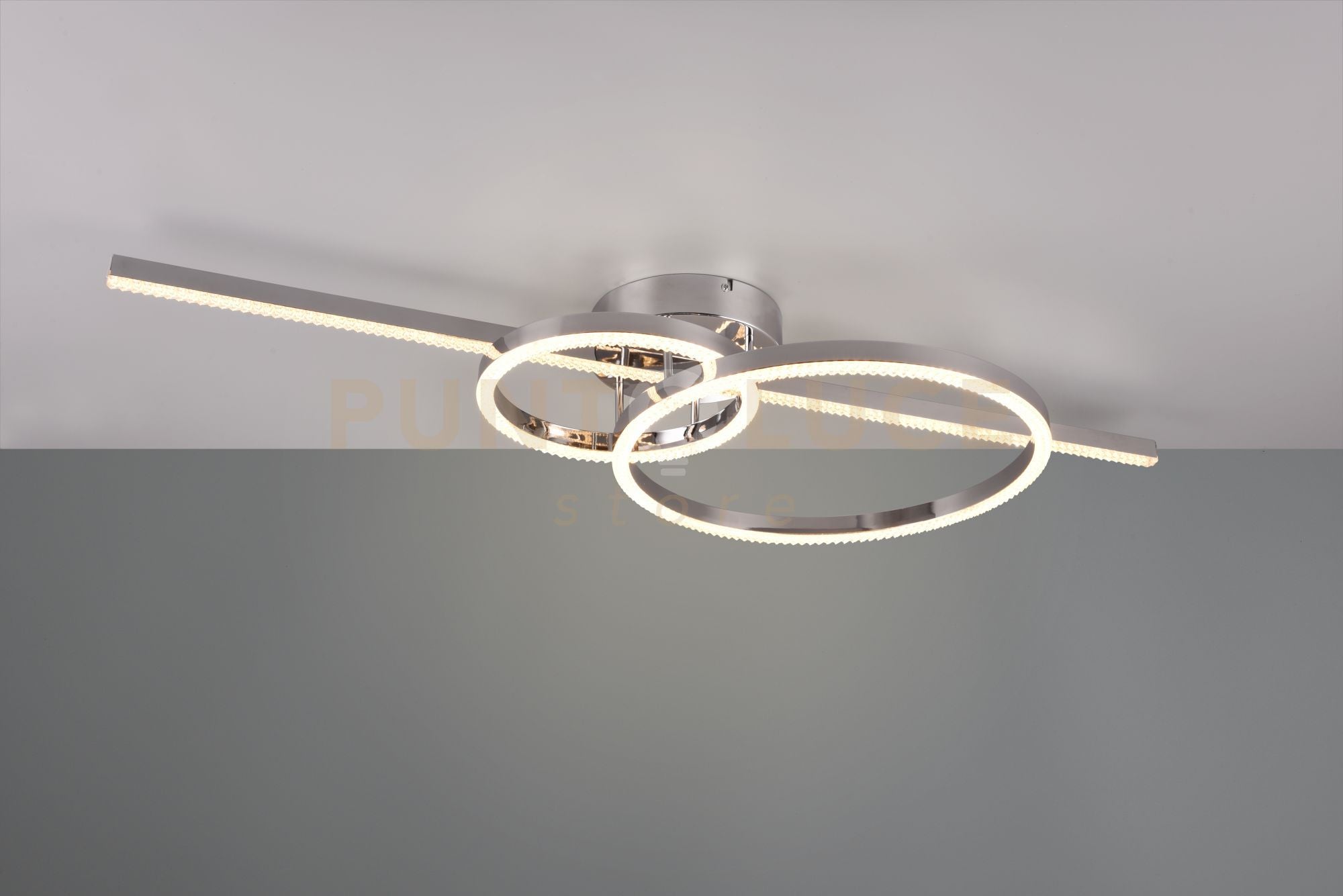 MONTILLA PLAFONIERA BACCHETTA E DOPPIO CERCHIO METALLO CROMATO CON TELECOMANDO MULTIFUNZIONE L. 100CM LED 54W 6300lm, 2700 - 6000K DIMMERABILE