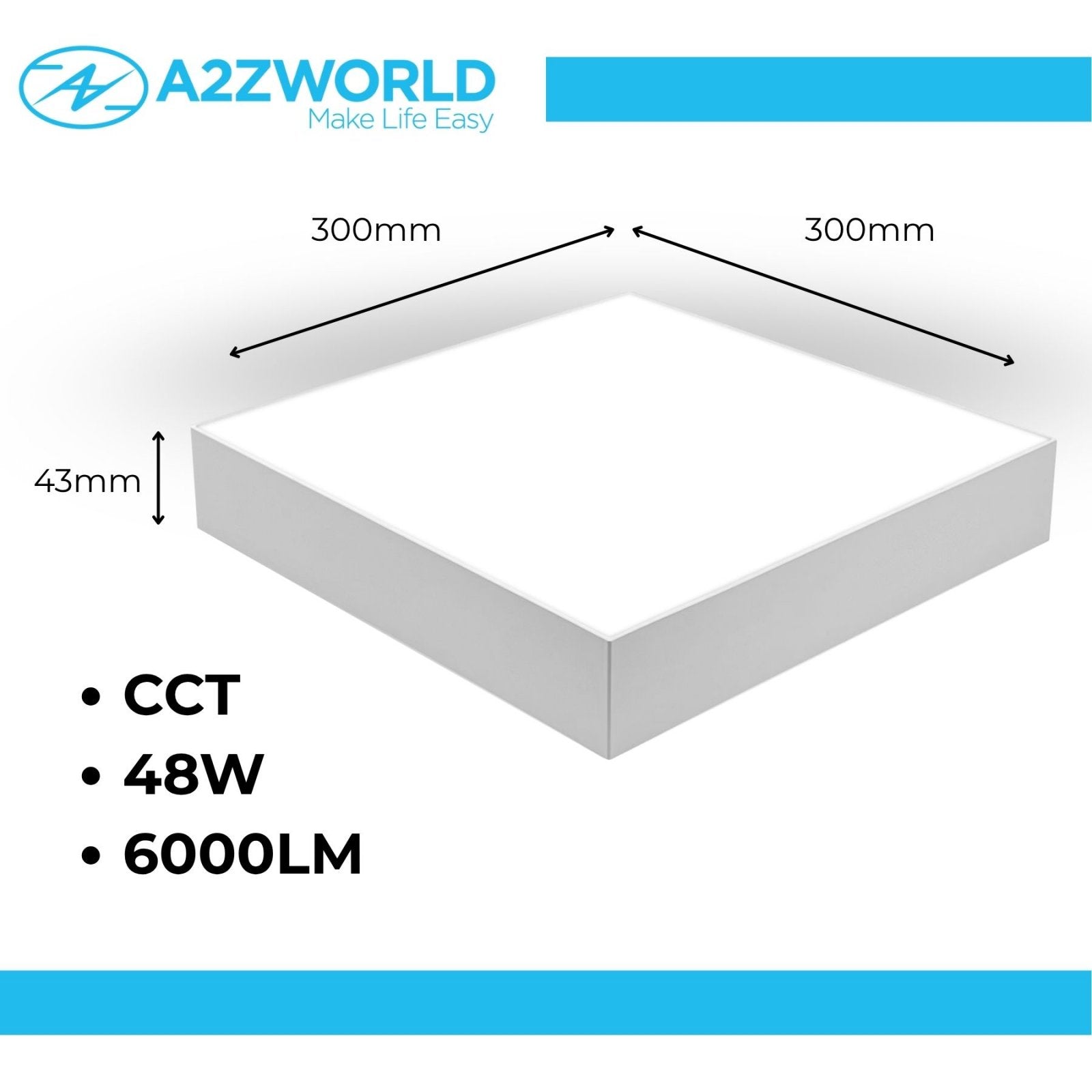 Plafoniera Pannello Led CCT Quadrato 300X300X43mm 48W 6000LM Montaggio a Plafone