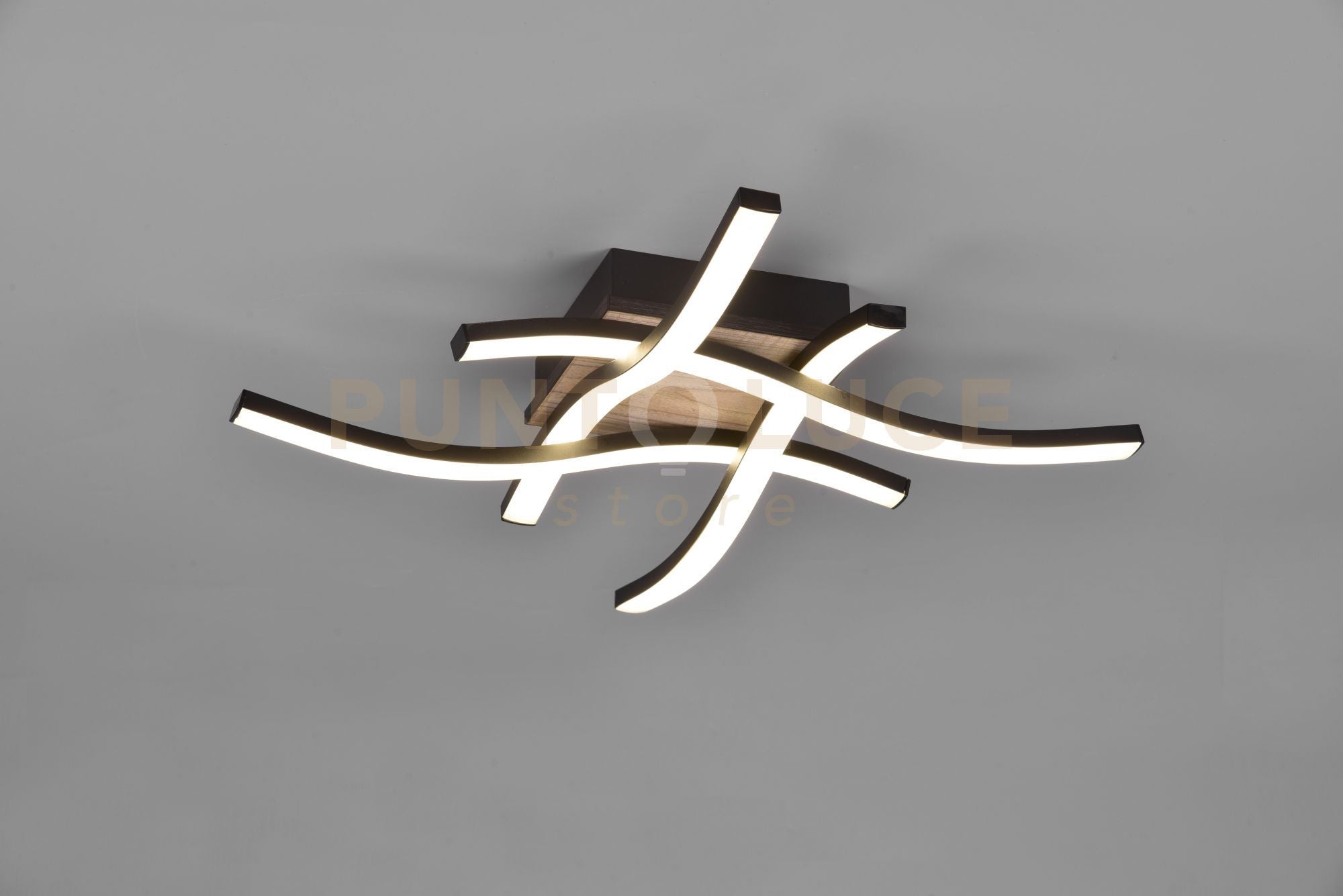 ROUTE PLAFONIERA LED 20W 2000lm, 3000K 4 BACCHETTE ONDULATE ANTRACITE CON EFFETTO LEGNO 46CMX46CM