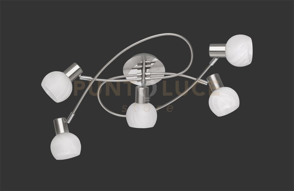 ANTIBES PLAFONIERA GIRANDOLA 5 SPOTS ACCIAIO COLORE CROMO ATTACCO  E14 DIFFUSORE IN VETRO D. 52CM