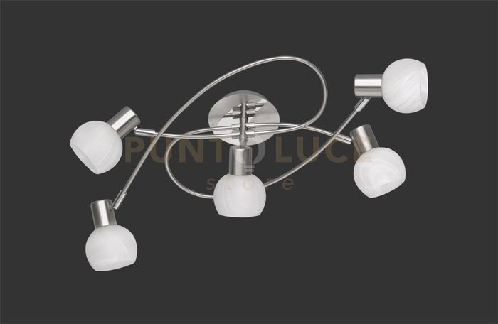 ANTIBES PLAFONIERA GIRANDOLA 5 SPOTS ACCIAIO COLORE CROMO ATTACCO  E14 DIFFUSORE IN VETRO D. 52CM