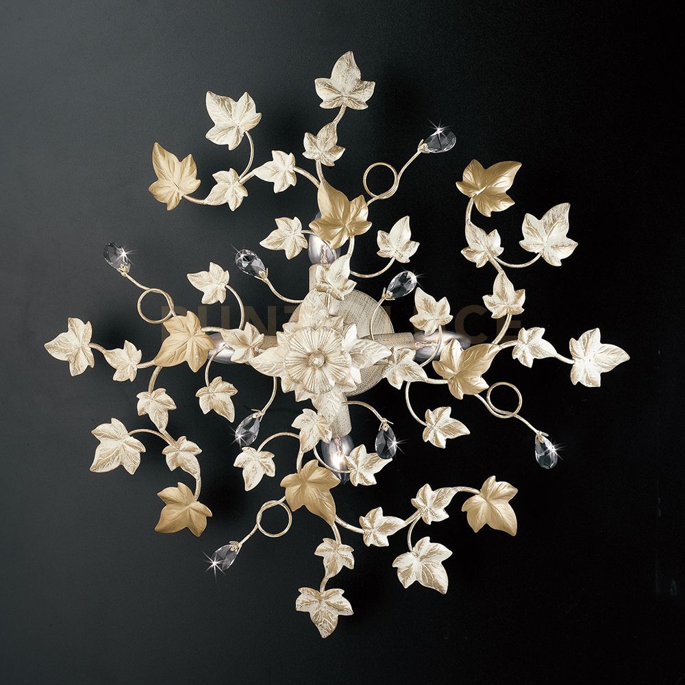 Plafoniera in ferro laccato avorio con decorazione oro antico e strass in cristallo 4 luci