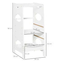 Torre Montessoriana per Bambini, Learning Tower con Altezza Regolabile in MDF, 40x50x90cm, Bianco