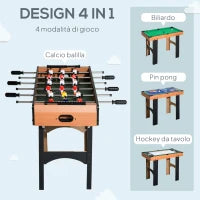 Tavolo Multigioco 4 in 1 con Calcio Balilla, Hockey da Tavolo, Ping Pong e Biliardo in MDF, 92x78x80cm