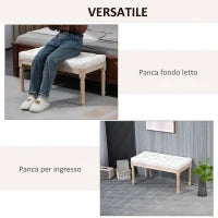 Panca Fondoletto Imbottita Stile Vintage in Tessuto e Gambe in Legno, 117x40x48 cm, Crema