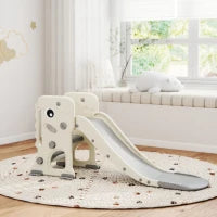 Scivolo per Bambini Pieghevole con Canestro e Palla da Basket, in PP e HDPE, 146x52x65 cm, Grigio e Crema