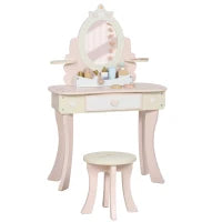 Set Toeletta con Specchio e Sgabello in Legno 2 in 1 per Bambini con 7 Accessori Inclusi, Rosa