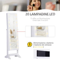 Armadio Portagioielli Portagioie Specchio Regolabile 20 Luci LED, Legno, Bianco, 40x37x146 cm