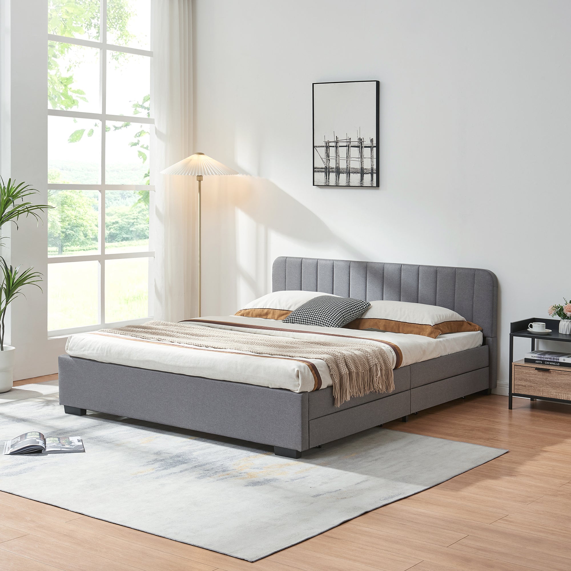 Letto Matrimoniale Nofrenna con Testiera e 4 Cassetti 160x200 cm Grigio [en.casa]