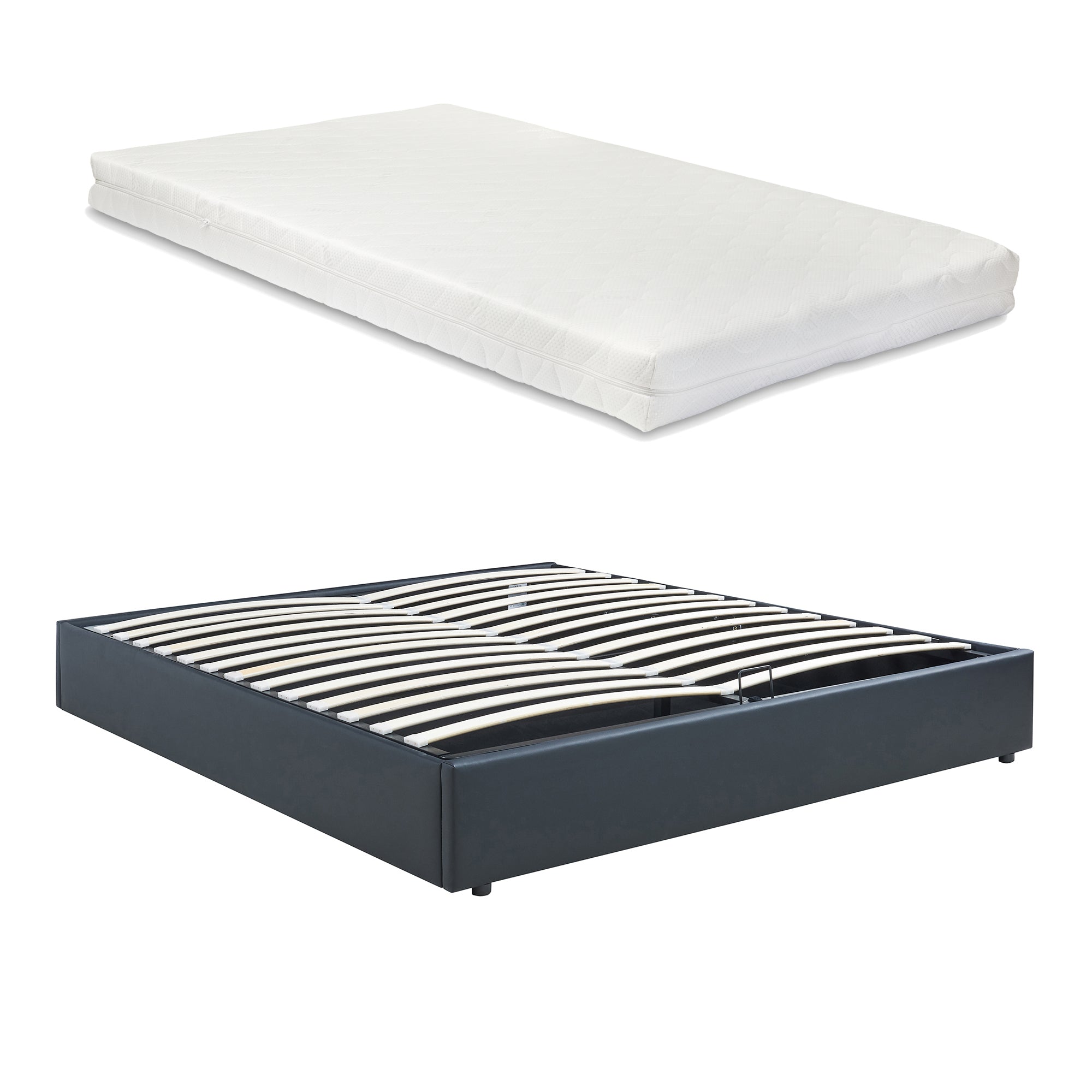 Letto Matrimoniale Contenitore Nola 160x200 cm con Materasso Apertura a Ribalta Rivestito in Similpelle - Nero [en.casa]