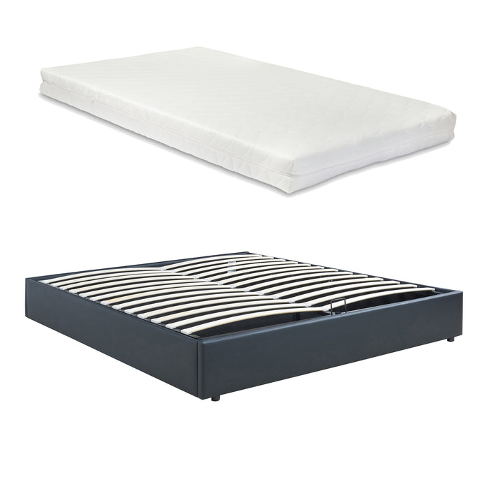 Letto Matrimoniale Contenitore Nola 160x200 cm con Materasso Apertura a Ribalta Rivestito in Similpelle - Nero [en.casa]